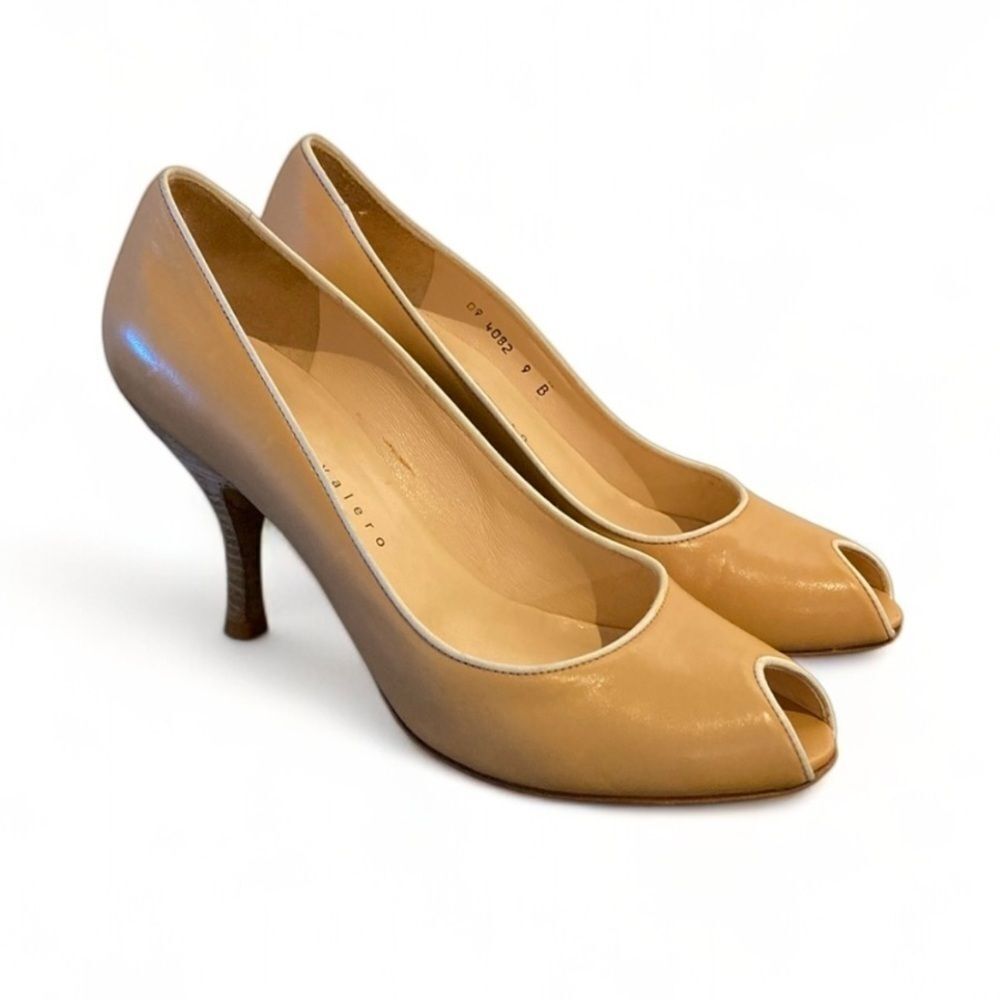Martinez Valero Tan Leather‎ Peep-Toe Heels Size 9 Made in Spain Elegant Classic